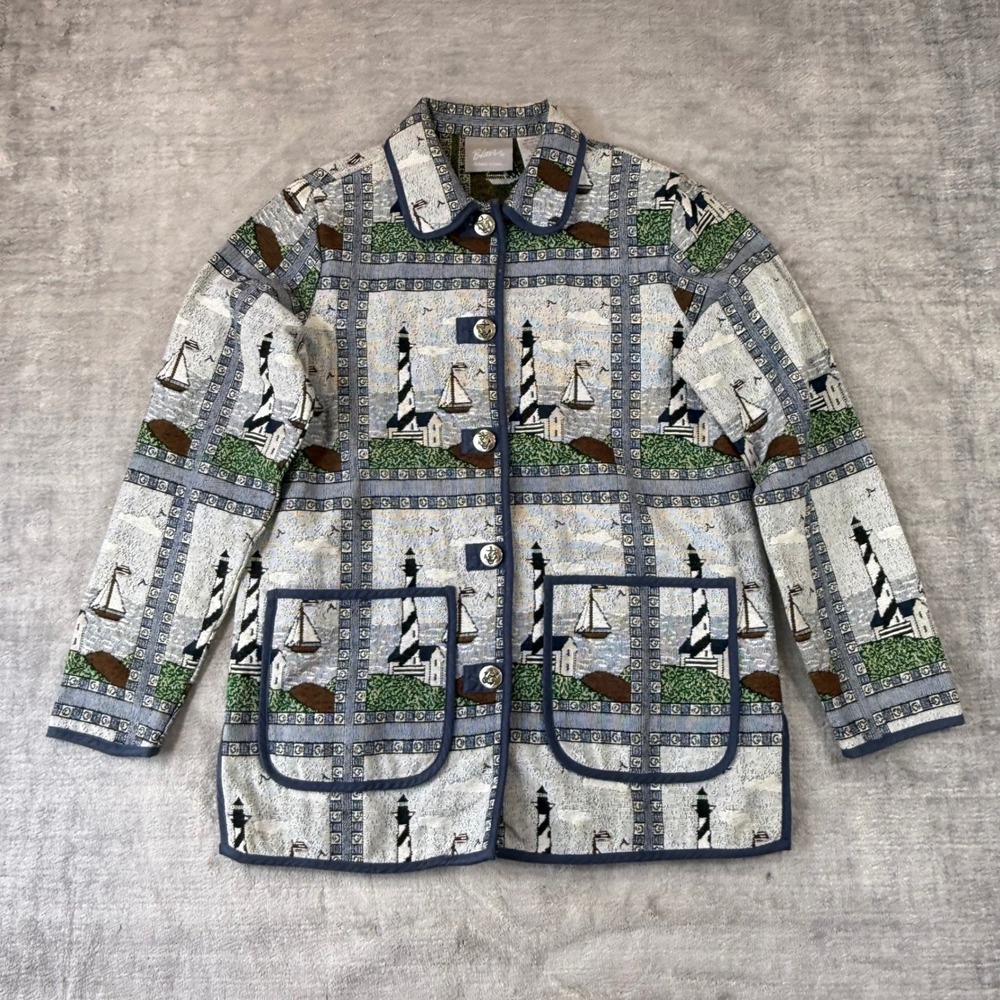 Vintage Blair Tapestry Jacket Women Small Blue Lighthouse Nautical Woven Anchor